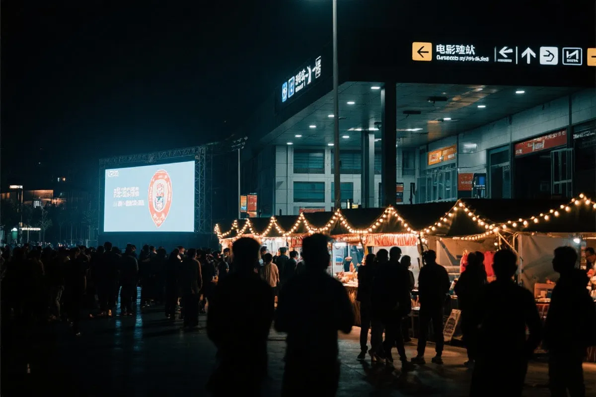 费城球迷广场夜景：大屏观赛人群、步行指示牌与公共交通入口